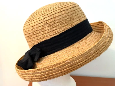VTG TOUCAN Hat Beige Straw Black Fabric Band Bow Sun Golf Resort One Size - Image 1 of 4