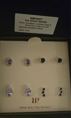 Bomb Party Simply Studs RBP9067 'Sun Kissed Sparkle' Onyx Amethyst Rhodium - Image 1 of 4