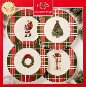 NEW Lenox VINTAGE PLAID 8.25" Accent Salad Plate Set (4) Sled Tree Santa Wreath - Picture 1 of 6
