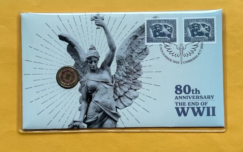 2025 Australia PNC $2 Coloured Coin Remembrance 80th Anniversary of End of WWII - Image 1 of 2