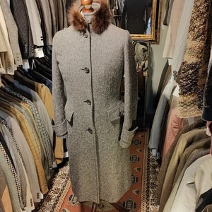 Chaqueta sobre abrigo de lana a cuadros cuello de piel de 12 tweed vintage para dama años 50 italiana - Imagen 1 de 13
