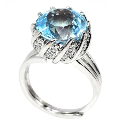 GENUINE AAA SKY BLUE TOPAZ ROUND & WHITE CZ STERLING 925 SILVER RING SIZE 7.25 - Image 1 of 4