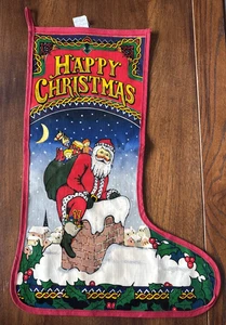 Vintage Christmas Stocking OilCloth Cotton By Sari Fabrics 22” Santa In Chimney - Picture 1 of 11