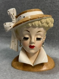 1959 Napco Japan Head Vase Gene C3959B Bristle Lashes Pearl Earrings Brown Bow - Picture 1 of 10