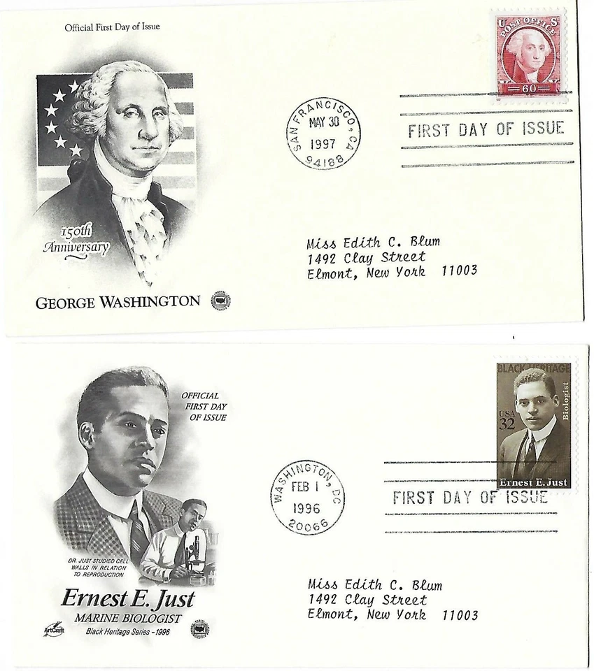 6 '96 FDCs Washington, Ernest E. Just, Smithsonian, Farley, SC#3058 3059 3140 - Image 1 of 4