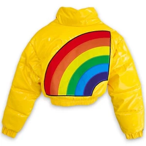 NWOT Trollz Nicki Minaj Tekashi 6ix9ine Yellow Rainbow Crop Puffer Jacket Small - Picture 1 of 4