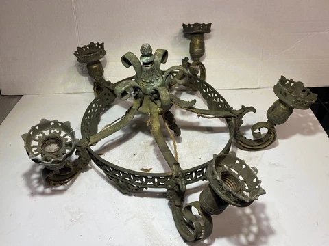 Antique Brass And Pewter Five Arm Hanging Chandelier Needs Work Cover