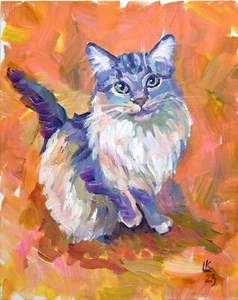 OOAK Cat Portrait 12x10 Signed Original Acrylic Painting Longhair Pet on Panel - Picture 1 of 6