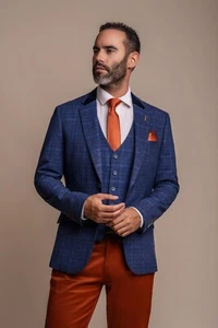 Herren Tweed Windowpane Check 3-teiliger Anzug - marineblau mit Rost Ausverkauf war 240€ - Bild 1 von 7