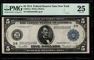 1914 $5 Federal Reserve Note New York Fr.851a PMG 25 Very Fine (AAB) - Picture 1 of 3
