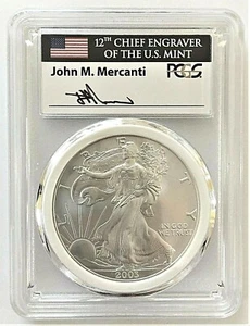 2003 SILVER EAGLE FIRST STRIKE PCGS MS70 MERCANTI MINT ENGRAVER PCGS VALUE $2500 - Picture 1 of 2