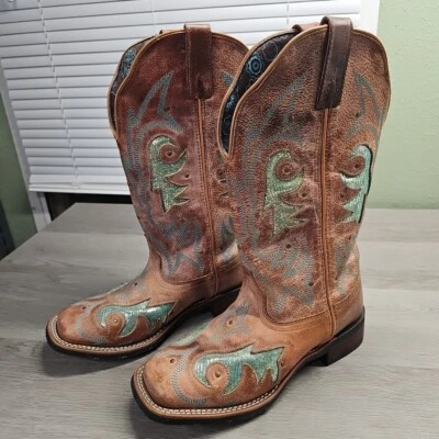 Botas Laredo Cowboy Femininas Tamanho 7.5M Couro Marrom Aquário Brilhante Bordado Novo Na Caixa - Imagem 1 de 4