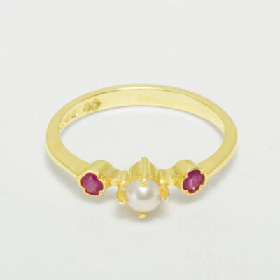 10k Yellow Gold Cultured Pearl Ruby Womens Trilogy Ring - Sizes 4 to 12 - Image 1 of 4