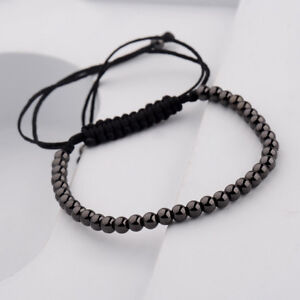 Men Black Micro Pave 4MM Balls Beads Braiding Adjustable Charm Handmade Bracelet