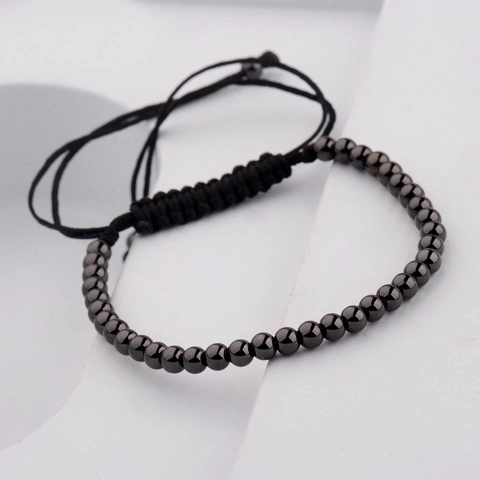 Hombres Negro Micro Pavé 4MM Bolas Cuentas Trenzado Ajustable Dije Pulsera Hecha a Mano Foto 1 de 4