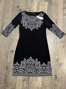 WHITE HOUSE BLACK MARKET SZ XS Black/Multi Paisley 3/4 Sleeve Jersey Shift Dress - Picture 1 of 6