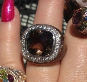 Sima K 9.26 ct Smoky Quartz & White Topaz Sterling Silver Enamel Ring - HSN Sz 7 - Picture 1 of 12