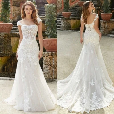 Elegante Vestido de Novia Sirena Cuello Redondo Mangas Encaje Apliques Vestido de Novia Foto 1 de 4