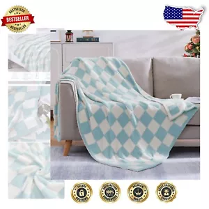 Sky Blue Checkered Throw Blanket - Cozy Microfiber for Couch and Travel 60"x80" - Picture 1 of 10