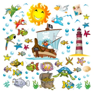 Nave pirati forziere tesoro pesci adesivi murali cameretta bambino 60 adesivi - Foto 1 di 2
