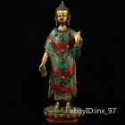 15.6" China Tibet Copper Inlaid Gemstones Painted Gilt Shakyamuni Buddha Statue