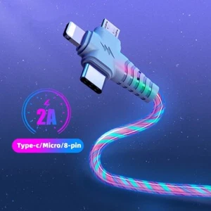 LED flowing Light Up USB For iPhone Charger Type-C Data Cable Charging Cord Sync - Picture 1 of 17