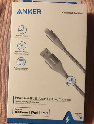 Cabo de telefone carregador rápido Anker iPhone Ipad iPod 3 pés conector de iluminação USB-A - Imagem 1 de 2