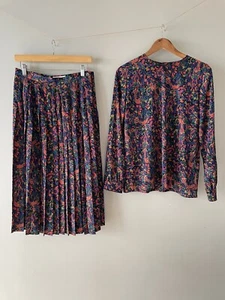 Conjunto Blusa y Falda Jaeger Vintage Años 80 2 Piezas Azul Rosa Floral Boho Granny - Imagen 1 de 11