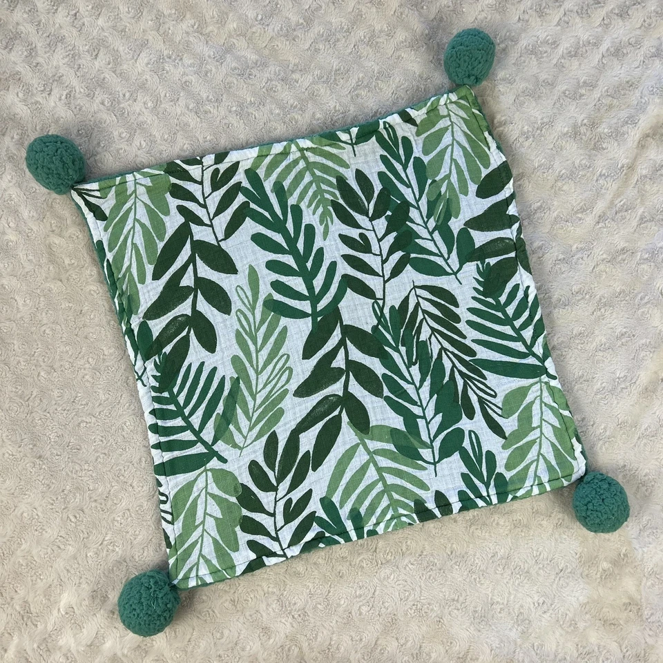 Cloud Island Green Fern Leaf Baby Lovey Security Blanket Sherpa Pom Poms White - Image 1 of 4
