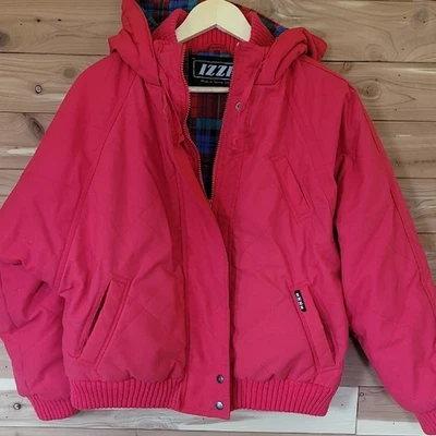 Izzi Quilted Coat, Size S, Flannel Lining, Red Shell, Hood, Knit Cuffs, Vintage - Image 1 of 4