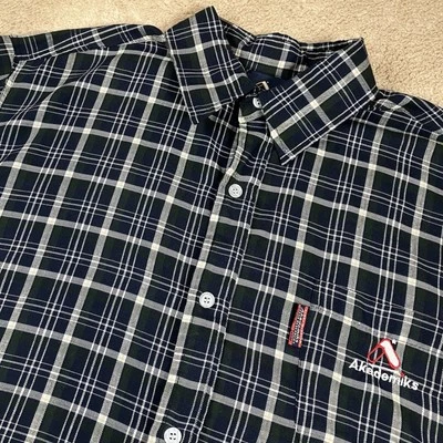 Vintage AKADEMIKS Mens XL Short Sleeve Blue Plaid Cotton Button Up Pocket Shirt - Image 1 of 4