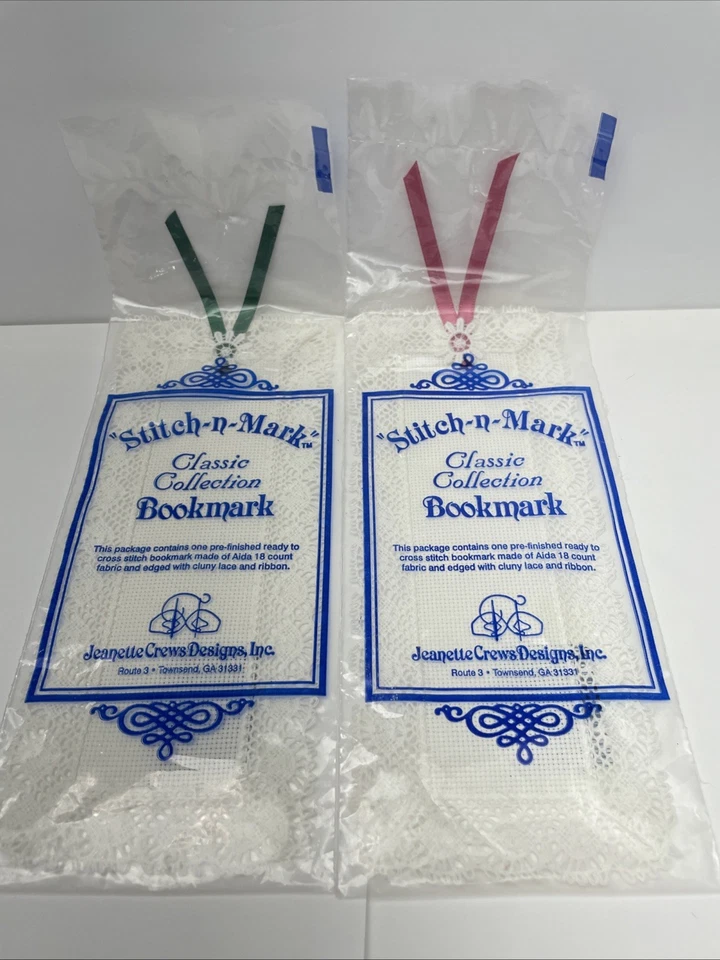 2 Stitch N Mark Bookmark Jeanette Crews White Aida Lace White/ Pink Green Ribbon - Image 1 of 2