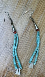 Vintage Handmade Native American Silver Turquois Coral Oyster Jacla Earrings 4” - Picture 1 of 6