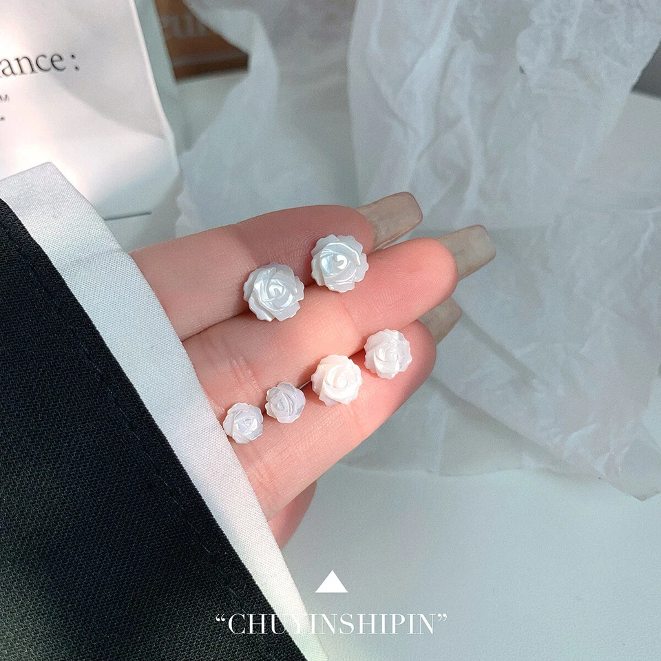 6/8/10mm 925 Sterling Silver Mother of Pearl Rose Flower Stud Earrings Gift - Image 1 of 4