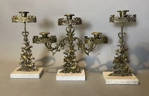 Set di candelabri girandole antico stile vittoriano 3 pezzi con uccellini - Foto 1 di 10