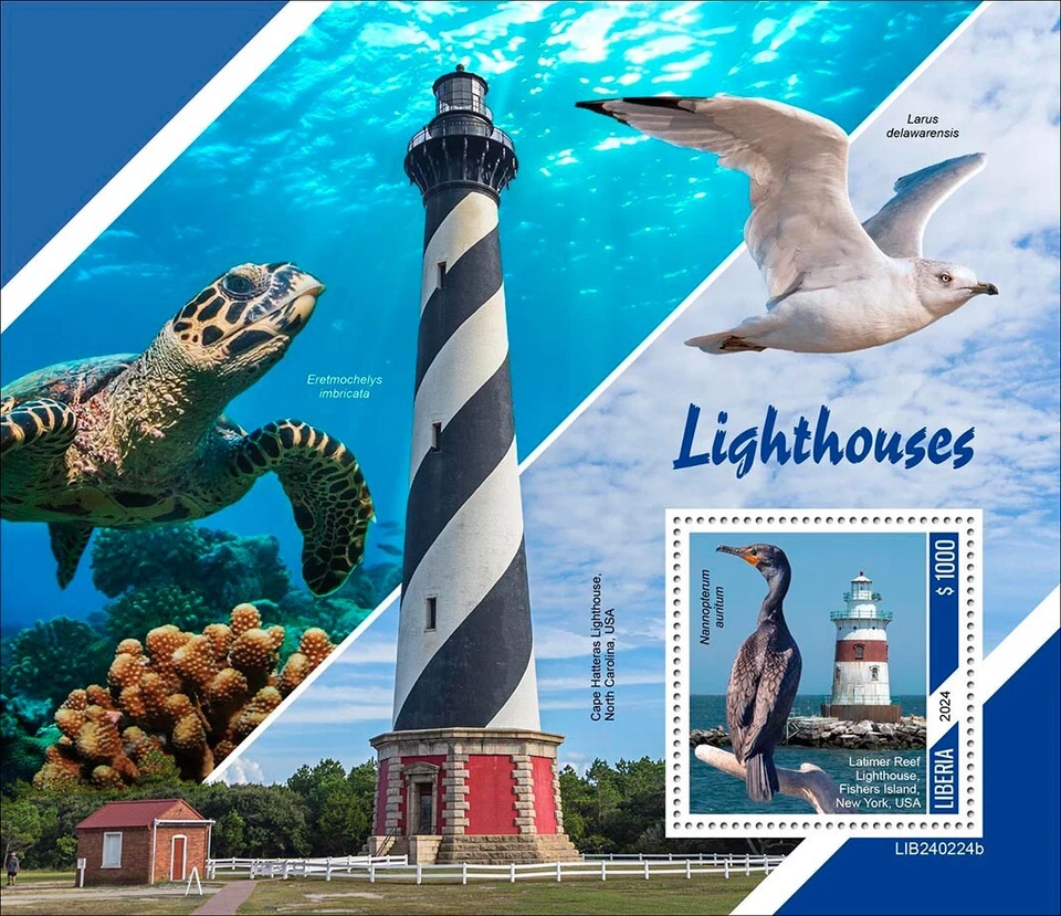 Estampillas Faro Pájaros Tortuga MNH 2024 Liberia S/S Foto 1 de 1