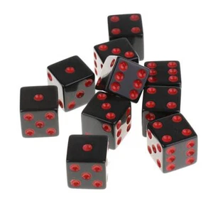 Set of 10 Acrylic Six Sided Square D6 16mm Standard Dice Die Black with Red Pips - Picture 1 of 9