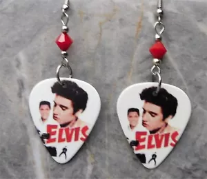 Elvis The King Gitarren-Plektrum-Ohrringe mit roten Swarovski-Kristallen - Bild 1 von 5