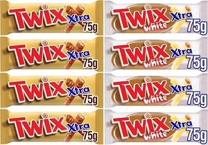 Twix Xtra Bars, Standard Xtra 75g x 4 Packs & White Xtra 75g x 4 Packs (8 Packs) - Picture 1 of 5
