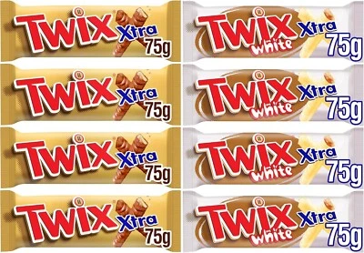 Twix Xtra Bars, Standard Xtra 75g x 4 Packs & White Xtra 75g x 4 Packs (8 Packs) - Image 1 of 4