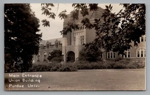 RPPC Purdue University Union entrada principal c1930-1950 West Lafayette IN postal - Imagen 1 de 2