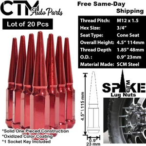 20Pc 4.5" TALL RED M12x1.5 SOLID SPIKE LUG NUT+KEY FIT CHEVROLET GMC & MORE - Picture 1 of 2