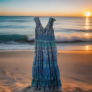 Signature Studio Multicolor Tiered Maxi Sleeveless Sun Dress Medium Blue - Picture 1 of 10