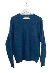 QUILLS Vintage Woolen Market Jumper Mens Blue Lambswool Sweatshirt V Neck Large - Picture 1 of 11