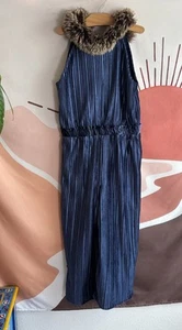 Janie and Jack Girls Navy Blue Faux Fur Collar Velvet Jumpsuit Holiday Size 10 - Picture 1 of 7