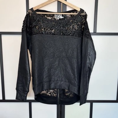 Pam & Gela Coated Pullover SweatShirt Size MEDIUM Sheer Black Goth Dark Floral - Image 1 of 4