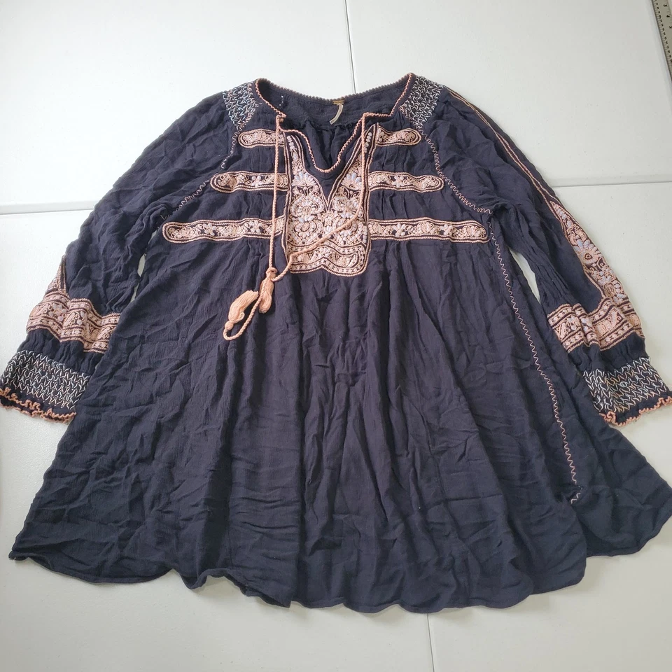 Vestido túnica Free People para mujer mediano azul marino bordado boho campesino borla top Foto 1 de 4