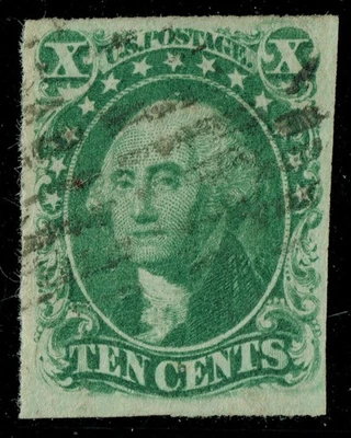 [V977] USA 1855 Scott#15 used 10¢ Green Washington cv:$140 - Image 1 of 3