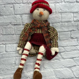 Primitiver Stil Mantel sitzender Schneemann Herbst/Winter kariert 13" hoch - Bild 1 von 5