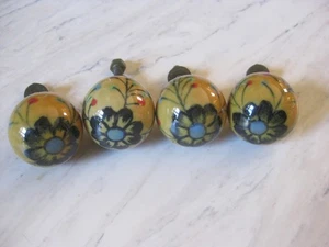 Set 4 Cabinet Knobs Floral Hand Painted Gold Yellow Single Mount Drawer Pulls - Picture 1 of 8